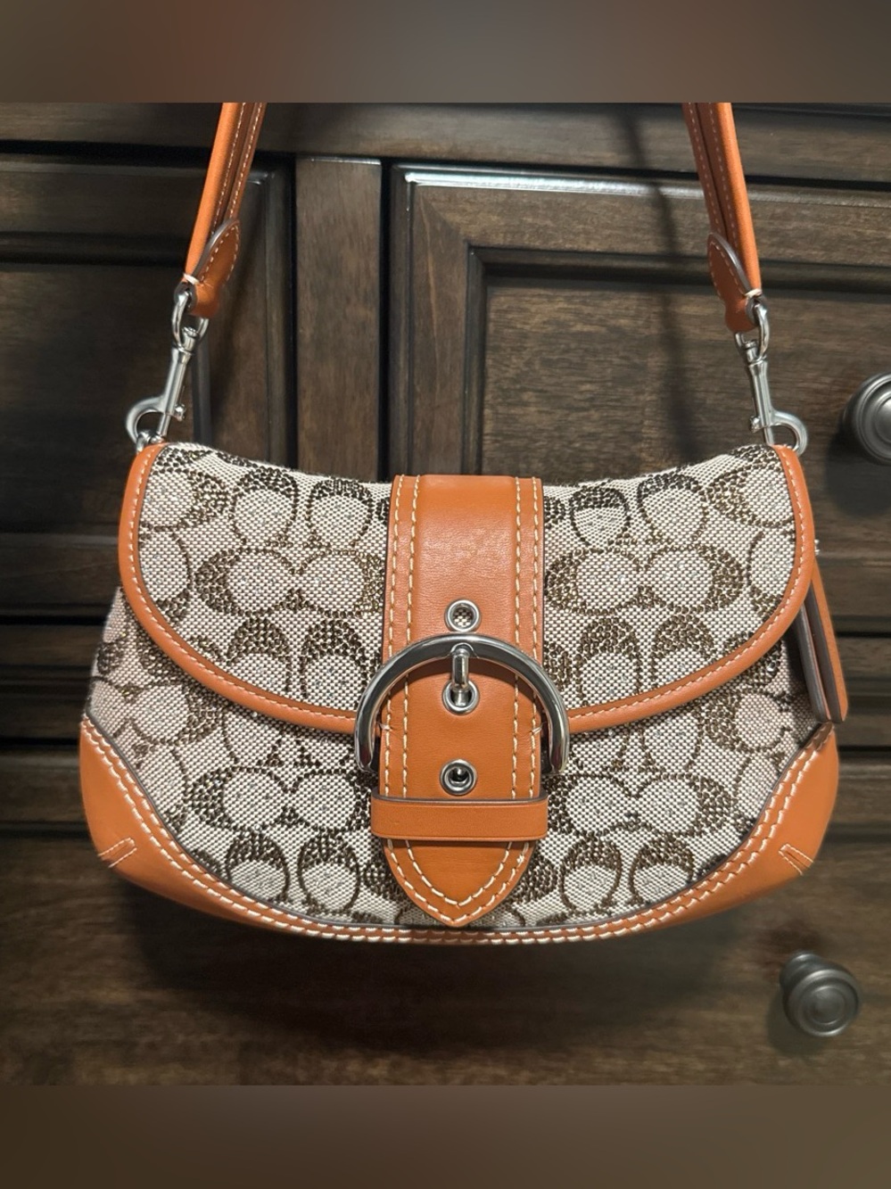 Coach Signature Canvas Shoulder Bag with Saddle Leather Trim
